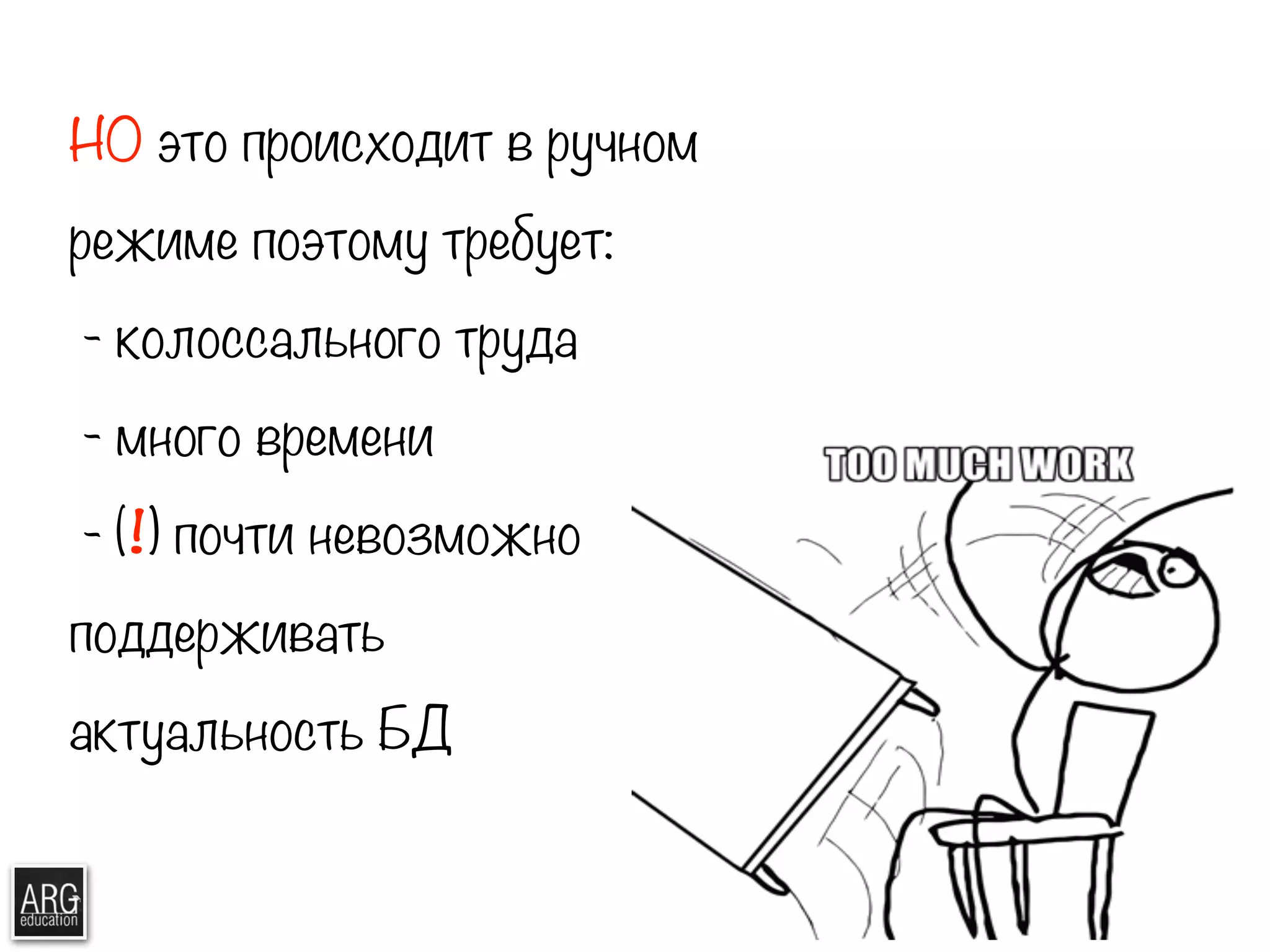 НО это происходит в ручном 
режиме поэтому требует: 
- колоссального труда 
- много времени 
- (!) почти невозможно 
поддерживать 
актуальность БД 
 