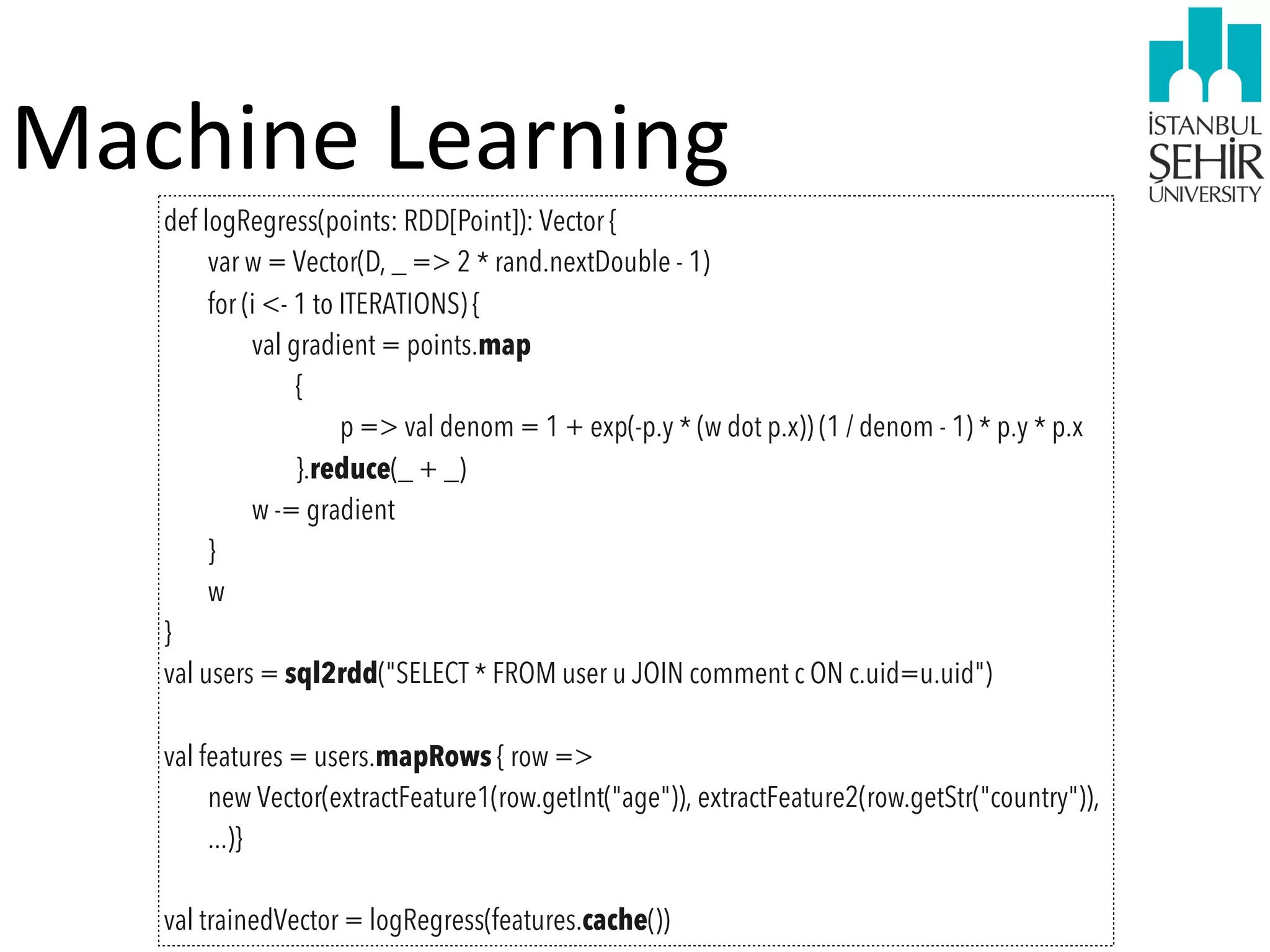 Machine	
  Learning
def logRegress(points: RDD[Point]): Vector {
var w = Vector(D, _ => 2 * rand.nextDouble - 1)
for (i <- 1 to ITERATIONS) {
val gradient = points.map
{
p => val denom = 1 + exp(-p.y * (w dot p.x)) (1 / denom - 1) * p.y * p.x
}.reduce(_ + _)
w -= gradient
}
w
}
val users = sql2rdd("SELECT * FROM user u JOIN comment c ON c.uid=u.uid")
val features = users.mapRows { row =>
new Vector(extractFeature1(row.getInt("age")), extractFeature2(row.getStr("country")),
...)}
val trainedVector = logRegress(features.cache())

 