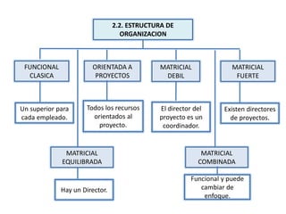 2.2. ESTRUCTURA DE
ORGANIZACION
FUNCIONAL
CLASICA
ORIENTADA A
PROYECTOS
MATRICIAL
DEBIL
MATRICIAL
FUERTE
MATRICIAL
EQUILIBRADA
MATRICIAL
COMBINADA
Existen directores
de proyectos.
Todos los recursos
orientados al
proyecto.
El director del
proyecto es un
coordinador.
Un superior para
cada empleado.
Hay un Director.
Funcional y puede
cambiar de
enfoque.
 