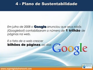 4 - Plano de Sustentabilidade4 - Plano de Sustentabilidade
Em julho de 2008 o GoogleGoogle anunciou que seus robôs
(Googlebot) contabilizaram o número de 1 trilhão de
páginas na web.
E o fato de a web crescer
bilhões de páginasbilhões de páginas ao dia!
www.argentglobalnetwork.com
 