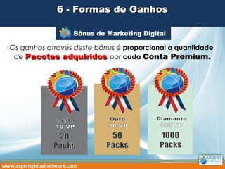 Bônus de Marketing Digital4
Os ganhos através deste bônus é proporcional a quantidade
de Pacotes adquiridosPacotes adquiridos por cada Conta Premium.Conta Premium.
6 - Formas de Ganhos6 - Formas de Ganhos
www.argentglobalnetwork.com
 
