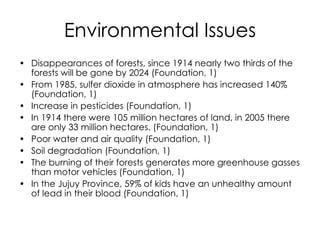 Environmental Issues Disappearances of forests, since 1914 nearly two thirds of the forests will be gone by 2024 (Foundation, 1) From 1985, sulfer dioxide in atmosphere has increased 140% (Foundation, 1) Increase in pesticides (Foundation, 1) In 1914 there were 105 million hectares of land, in 2005 there are only 33 million hectares. (Foundation, 1) Poor water and air quality (Foundation, 1) Soil degradation (Foundation, 1) The burning of their forests generates more greenhouse gasses than motor vehicles (Foundation, 1) In the Jujuy Province, 59% of kids have an unhealthy amount of lead in their blood (Foundation, 1) 