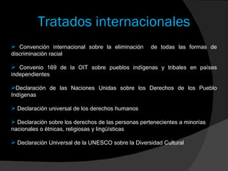 Tratados internacionales Convención internacional sobre la eliminación  de todas las formas de discriminación racial Convenio 169 de la OIT sobre pueblos indígenas y tribales en países independientes Declaración de las Naciones Unidas sobre los Derechos de los Pueblo Indígenas Declaración universal de los derechos humanos Declaración sobre los derechos de las personas pertenecientes a minorías nacionales o étnicas, religiosas y lingüísticas Declaración Universal de la UNESCO sobre la Diversidad Cultural 