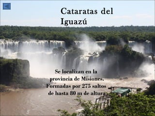 Se localizan en la  provincia de Misiones. Formadas por 275 saltos  de hasta 80 m de altura Cataratas del Iguazú 
