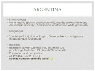 ARGENTINA

• Ethnic Groups
• white (mostly Spanish and Italian) 97%, mestizo (mixed white and
  Amerindian ancestry), Amerindian, or other non-white groups 3%

• Languages

• Spanish (official), Italian, English, German, French, indigenous
  (Mapudungun, Quechua)

• Religions
• nominally Roman Catholic 92% (less than 20%
  practicing), Protestant 2%, Jewish 2%, other 4%
• Population and comparison
• 42,192,494 (July 2012 est.)
  country comparison to the world: 32
 