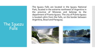 The Iguazu
Falls
The Iguazu Falls are located in the Iguazu National
Park, located in the extreme northwest of Argentina in
the province of Misiones and belongs to the
department of Puerto Iguazu. The city of Puerto Iguazu
is located 17Km from the Falls, on the border between
Argentina, Brazil and Paraguay.
 