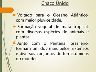 Chaco Únido
 Voltado para o Oceano Atlântico,
com maior pluviosidade.
 Formação vegetal de mata tropical,
com diversas espécies de animais e
plantas.
 Junto com o Pantanal brasileiro,
formam um dos mais belos, extensos
e diversos conjuntos de terras úmidas
do mundo.
 