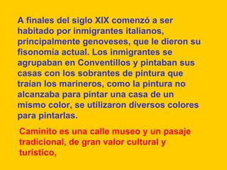Caminito es una calle museo y un pasaje tradicional, de gran valor cultural y turístico,  A finales del siglo XIX comenzó a ser habitado por inmigrantes italianos, principalmente genoveses, que le dieron su fisonomía actual. Los inmigrantes se agrupaban en Conventillos y pintaban sus casas con los sobrantes de pintura que traían los marineros, como la pintura no alcanzaba para pintar una casa de un mismo color, se utilizaron diversos colores para pintarlas.  