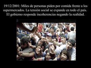 19/12/2001: Miles de personas piden por comida frente a los supermercados. La tensión social se expande en todo el país.  El gobierno responde incoherencias negando la realidad. 
