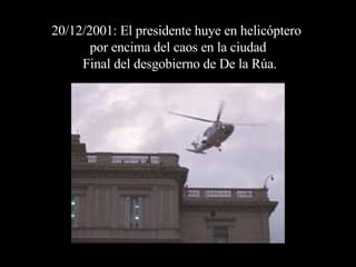 20/12/2001: El presidente huye en helicóptero  por encima del caos en la ciudad  Final del desgobierno de De la Rúa. 