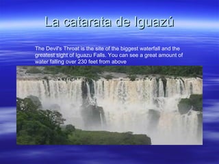 La catarata de Iguazú
The Devil's Throat is the site of the biggest waterfall and the
greatest sight of Iguazu Falls. You can see a great amount of
water falling over 230 feet from above
 