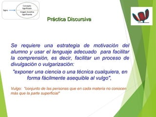 PPrrááccttiiccaa DDiissccuurrssiivvaa 
Se requiere una estrategia de motivación del 
alumno y usar el lenguaje adecuado para facilitar 
la comprensión, es decir, facilitar un proceso de 
divulgación o vulgarización: 
"exponer una ciencia o una técnica cualquiera, en 
forma fácilmente asequible al vulgo", 
Vulgo: "conjunto de las personas que en cada materia no conocen 
más que la parte superficial" 
 