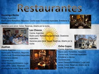 Ituzaingo Resto
Cocina: Argentina
Bueno para: Romántico, Negocios, Cocina local, Ocasiones especiales, Entretener a
clientes
Opciones para cenar: Cenar, Reservas, Abierto por la noche
                                  Los Chocos
                                  Cocina: Argentina
                                  Bueno para: Romántico, Cocina local, Ocasiones
                                  especiales
                                  Opciones para cenar: Cenar, Reservas, Abierto por la
                                  noche
Azafran                                                              Ocho Cepas
Cocina: Argentina                                                    Cocina: Argentina
Bueno para: Romántico, Negocios,                                     Bueno para: Romántico, Negocios,
Cocina local, Ocasiones especiales,                                  Cocina local, Ocasiones especiales,
Entretener a clientes                                                Entretener a clientes
Opciones para                                                        Opciones para
cenar: Desayuno/Almuerzo, Lugar                                      cenar: Desayuno/Almuerzo, Lugar para
para comer, Cenar, Reservas,                                         comer, Cenar, Reservas, Abierto por la
Abierto por la noche, Tomar postre                                   noche, Tomar postre
 