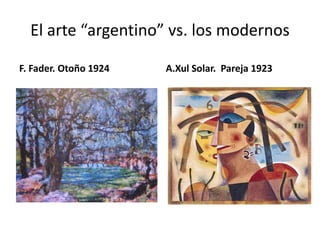 El arte “argentino” vs. los modernos
F. Fader. Otoño 1924 A.Xul Solar. Pareja 1923
 