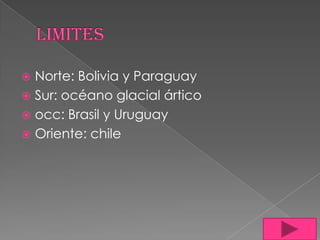 Norte: Bolivia y Paraguay
 Sur: océano glacial ártico
 occ: Brasil y Uruguay
 Oriente: chile


 
