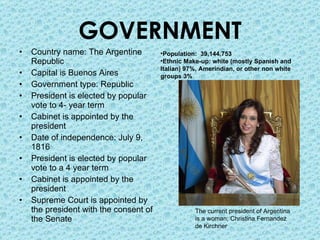 GOVERNMENT Country name: The Argentine Republic Capital is Buenos Aires Government type: Republic President is elected by popular vote to 4- year term Cabinet is appointed by the president Date of independence: July 9, 1816 President is elected by popular vote to a 4 year term Cabinet is appointed by the president Supreme Court is appointed by the president with the consent of the Senate The current president of Argentina is a woman; Christina Fernandez de Kirchner Population:  39,144,753  Ethnic Make-up: white (mostly Spanish and Italian) 97%, Amerindian, or other non white  groups 3% 