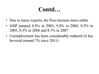 Contd… 
• Due to many exports, the Peso became more stable 
• GDP jumped 8.8% in 2003, 9.0% in 2004, 9.2% in 
2005, 8.5% in 2006 and 8.7% in 2007 
• Unemployment has been considerably reduced (it has 
hovered around 7% since 2011) 
 
