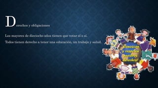 Derechos y obligaciones
Los mayores de dieciocho años tienen que votar sí o sí.
Todos tienen derecho a tener una educación, un trabajo y salud.