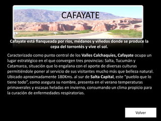 CAFAYATE
Cafayate está flanqueada por ríos, médanos y viñedos donde se produce la
cepa del torrontés y vive el sol.
Caracterizado como punto central de los Valles Calchaquíes, Cafayate ocupa un
lugar estratégico en el que convergen tres provincias: Salta, Tucumán y
Catamarca, situación que lo engalana con el aporte de diversas culturas
permitiéndole poner al servicio de sus visitantes mucho más que belleza natural.
Ubicado aproximadamente 180Kms. al sur de Salta Capital, este “pueblo que lo
tiene todo”, como asegura su nombre, presenta en el verano temperaturas
primaverales y escasas heladas en invierno, consumando un clima propicio para
la curación de enfermedades respiratorias.
Volver
 