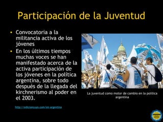 Participación de la Juventud
• Convocatoria a la
  militancia activa de los
  jóvenes
• En los últimos tiempos
  muchas voces se han
  manifestado acerca de la
  activa participación de
  los jóvenes en la política
  argentina, sobre todo
  después de la llegada del
  kirchnerismo al poder en                      La juventud como motor de cambio en la política
  el 2003.                                                        argentina


  http://edicioncuyo.com/en-argentina

                                 Rosarinos por una
                                 Argentina para Todos
 
