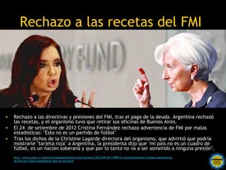 Rechazo a las recetas del FMI




                                                                                                                   epigrafe

•   Rechazo a las directivas y presiones del FMI, tras el pago de la deuda. Argentina rechazó
    las recetas, y el organismo tuvo que retirar sus oficinas de Buenos Aires.
•   El 24 de setiembre de 2012 Cristina Fernández rechaza advertencia de FMI por malas
    estadísticas: "Esto no es un partido de fútbol"
•   Tras los dichos de la Christine Lagarde directora del organismo, que advirtió que podría
    mostrarle "tarjeta roja" a Argentina, la presidenta dijo que "mi país no es un cuadro de
    fútbol, es un nación soberana y que por lo tanto no va a ser sometido a ninguna presión".
                                                     Rosarinos por una
    http://www.pulso.cl/noticia/actualidad-politica/internacional/2012/09/69-11899-9-cristina-fernandez-rechaza-advertencia-
    de-fmi-por-malas-estadisticas-esto-no-es.shtml
                                                     Argentina para Todos
 