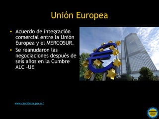 Unión Europea
• Acuerdo de integración
  comercial entre la Unión
  Europea y el MERCOSUR.
• Se reanudaron las
  negociaciones después de
  seis años en la Cumbre
  ALC -UE




  www.cancilleria.gov.ar/

                             Rosarinos por una
                             Argentina para Todos
 