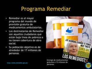 Programa Remediar
• Remediar es el mayor
  programa del mundo de
  provisión gratuita de
  medicamentos ambulatorios.
• Los destinatarios de Remediar
  son aquellos ciudadanos que
  están bajo línea de pobreza o
  no tienen cobertura de obra
  social.
• Su población objetivo es de                                       xxxxx
  alrededor de 17 millones de
  personas

                                            Entregó de medicamentos
 http://www.remediar.gov.ar/                gratuitos a 15 millones de
                               Rosarinos poruna
                                            personas.
                               Argentina para Todos
 