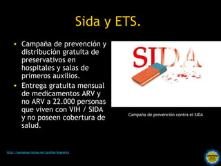 Sida y ETS.
    • Campaña de prevención y
      distribución gratuita de
      preservativos en
      hospitales y salas de
      primeros auxilios.
    • Entrega gratuita mensual
      de medicamentos ARV y
      no ARV a 22.000 personas
      que viven con VIH / SIDA
                                                                 Campaña de prevención contra el SIDA
      y no poseen cobertura de
      salud.


http://sumateacristina.net/profile/Imprenta
                                              Rosarinos por una
                                              Argentina para Todos
 