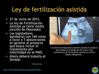 Ley de fertilización asistida
  • 27 de Junio de 2012.
  • La ley de Fertilización
    Asistida ya tiene media
    sanción de Diputados
  • Los legisladores
    aprobaron con 169 votos
    a favor y 7 abstenciones
    en general al proyecto
    que busca incluir el                          La Cámara de Diputados argentina aprobó el proyecto
    tratamiento por                                     que establece la obligación de incluir a los
    infertilidad en el PMO.                          tratamientos de fertilización asistida en el Plan
                                                                   Médico Obligatorio. 
  • Ahora deberá tratarla el
    Senado.
                               El Diario 24.com


                                      Rosarinos
http://www.eldiario24.com/notas.php?id=257726por una
                                   Argentina para Todos
 