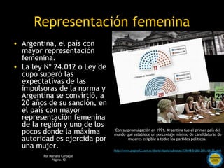 Representación femenina
• Argentina, el país con
  mayor representación
  femenina.
• La ley Nº 24.012 o Ley de
  cupo superó las
  expectativas de las
  impulsoras de la norma y
  Argentina se convirtió, a
  20 años de su sanción, en
  el país con mayor
  representación femenina
  de la región y uno de los
  pocos donde la máxima                     Con su promulgación en 1991, Argentina fue el primer país del
                                            mundo que establece un porcentaje mínimo de candidaturas de
  autoridad es ejercida por                        mujeres exigible a todos los partidos políticos.

  una mujer.                                http://www.pagina12.com.ar/diario/elpais/subnotas/170448-54265-2011-06-20.html

        Por Mariana Carbajal   Rosarinos por una
             Página/12
                               Argentina para Todos
 
