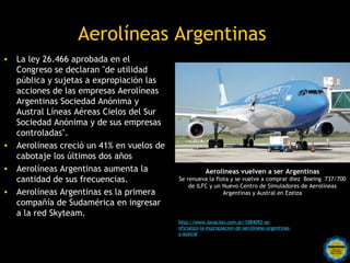 Aerolíneas Argentinas
• La ley 26.466 aprobada en el
  Congreso se declaran "de utilidad
  pública y sujetas a expropiación las
  acciones de las empresas Aerolíneas
  Argentinas Sociedad Anónima y
  Austral Líneas Aéreas Cielos del Sur
  Sociedad Anónima y de sus empresas
  controladas".
• Aerolíneas creció un 41% en vuelos de
  cabotaje los últimos dos años
• Aerolíneas Argentinas aumenta la                    Aerolíneas vuelven a ser Argentinas
  cantidad de sus frecuencias.            Se renueva la flota y se vuelve a comprar diez Boeing 737/700
                                              de ILFC y un Nuevo Centro de Simuladores de Aerolíneas
• Aerolíneas Argentinas es la primera                      Argentinas y Austral en Ezeiza
  compañía de Sudamérica en ingresar
  a la red Skyteam.
                                          http://www.lanacion.com.ar/1084092-se-
                                          oficializo-la-expropiacion-de-aerolineas-argentinas-
                                          y-austral

                            Rosarinos por una
                            Argentina para Todos
 