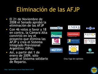 Eliminación de las AFJP
  • El 21 de Noviembre de
    2008 el Senado aprobó la
    eliminación de las AFJP
  • Con 46 voto...