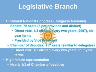 Legislative Branch
• Bicameral National Congress (Congreso Nacional)
– Senate: 72 seats (3 per province and district)
• Direct vote, 1/3 elected every two years (2007), six
year terms
• Presided by Vice President
– Chamber of deputies: 257 seats (similar to delegates)
• Direct vote, 1/2 elected every two years, four year
terms
• High female representation
– Nearly 1/3 of Chamber of deputies
 