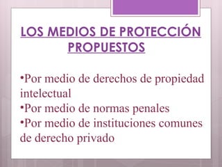 LOS MEDIOS DE PROTECCIÓN PROPUESTOS Por medio de derechos de propiedad intelectual Por medio de normas penales Por medio de instituciones comunes de derecho privado  