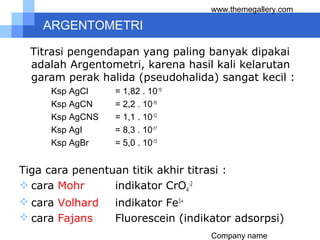 Company name
www.themegallery.com
ARGENTOMETRI
Titrasi pengendapan yang paling banyak dipakai
adalah Argentometri, karena hasil kali kelarutan
garam perak halida (pseudohalida) sangat kecil :
Ksp AgCl = 1,82 . 10-10
Ksp AgCN = 2,2 . 10-16
Ksp AgCNS = 1,1 . 10-12
Ksp AgI = 8,3 . 10-17
Ksp AgBr = 5,0 . 10-13
Tiga cara penentuan titik akhir titrasi :
 cara Mohr indikator CrO4
-2
 cara Volhard indikator Fe3+
 cara Fajans Fluorescein (indikator adsorpsi)
 