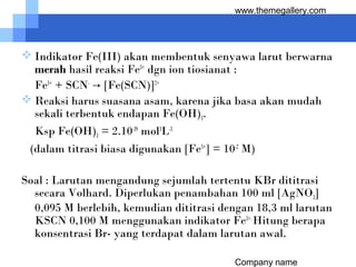 Company name
www.themegallery.com
 Indikator Fe(III) akan membentuk senyawa larut berwarna
merah hasil reaksi Fe3+
dgn ion tiosianat :
Fe3+
+ SCN-
→ [Fe(SCN)]2+
 Reaksi harus suasana asam, karena jika basa akan mudah
sekali terbentuk endapan Fe(OH)3.
Ksp Fe(OH)3 = 2.10-39
mol3
L-3
(dalam titrasi biasa digunakan [Fe3+
] = 10-2
M)
Soal : Larutan mengandung sejumlah tertentu KBr dititrasi
secara Volhard. Diperlukan penambahan 100 ml [AgNO3]
0,095 M berlebih, kemudian dititrasi dengan 18,3 ml larutan
KSCN 0,100 M menggunakan indikator Fe3+.
Hitung berapa
konsentrasi Br- yang terdapat dalam larutan awal.
 