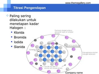 Company name
www.themegallery.com
Titrasi Pengendapan
 Paling sering
dilakukan untuk
menetapan kadar
Halogen :
 Klorida
 Bromida
 Iodida
 Sianida
P o s it iv e ly c h a r g e d p r im a r y
a d s o r p t io n la y e r o n c o llo id a l
p a r t ic le
A g +
C l-
A g +
A g +
A g +
A g +
A g +
A g +
A g +
A g +
C l-
C l-
C l-
C l-
C l-
C l-
C l-
C l-
C l-A g +
A g +
A g +
A g +
A g +
A g +
C l-
C l-
A g +
A g +
A g +A g +
A g +
A g +
H +
H +
N O 3
-
N O 3
-
N O 3
-
H +
N O 3
-
N O 3
-
N O 3
-
N O 3
-
N O 3
-
N O 3
-
N O 3
-
N O 3
-
N O 3
-
N O 3
-
N O 3
-
N O 3
-
N O 3
-
C o llo id a l S o lid
C o u n t e r - io n la y e r o f
s o lu t io n w it h e x c e s s a n io n s
H o m o g e n e o u s s o lu t io n
( c h a r g e d b a la n c e d )
H +
A g +
E le c t r ic d o u b le la y e r
 