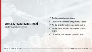  Toplam araştırmacı sayısı
 Lisansüstü dereceli araştırmacı sayısı
 Ar-Ge ürünlerinden elde edilen ciro
 Ar-Ge Tasarım harcamalarının ciroya
oranı
 Ulusal ve uluslararası patent sayısı
 