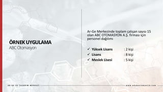 Ar-Ge Merkezinde toplam çalışan sayısı 15
olan ABC OTOMASYON A.Ş. firması için
personel dağılımı
 Yüksek Lisans : 2 kişi
 Lisans : 8 kişi
 Meslek Lisesi : 5 kişi
 