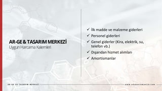  İlk madde ve malzeme giderleri
 Personel giderleri
 Genel giderler (Kira, elektrik, su,
telefon vb.)
 Dışarıdan hizmet alımları
 Amortismanlar
 