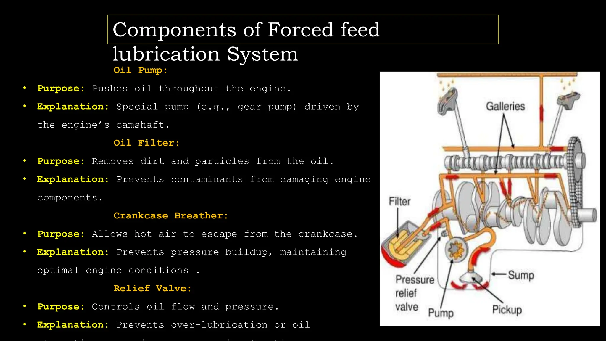 Components of Forced feed
lubrication System
Oil Pump:
• Purpose: Pushes oil throughout the engine.
• Explanation: Special pump (e.g., gear pump) driven by
the engine’s camshaft.
Oil Filter:
• Purpose: Removes dirt and particles from the oil.
• Explanation: Prevents contaminants from damaging engine
components.
Crankcase Breather:
• Purpose: Allows hot air to escape from the crankcase.
• Explanation: Prevents pressure buildup, maintaining
optimal engine conditions .
Relief Valve:
• Purpose: Controls oil flow and pressure.
• Explanation: Prevents over-lubrication or oil
 