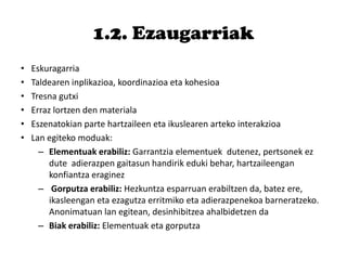 1.2. Ezaugarriak
• Eskuragarria
• Taldearen inplikazioa, koordinazioa eta kohesioa
• Tresna gutxi
• Erraz lortzen den materiala
• Eszenatokian parte hartzaileen eta ikuslearen arteko interakzioa
• Lan egiteko moduak:
– Elementuak erabiliz: Garrantzia elementuek dutenez, pertsonek ez
dute adierazpen gaitasun handirik eduki behar, hartzaileengan
konfiantza eraginez
– Gorputza erabiliz: Hezkuntza esparruan erabiltzen da, batez ere,
ikasleengan eta ezagutza erritmiko eta adierazpenekoa barneratzeko.
Anonimatuan lan egitean, desinhibitzea ahalbidetzen da
– Biak erabiliz: Elementuak eta gorputza
 