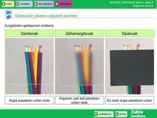 Gorputzen jokaera argiaren aurrean Xurgatzeko gaitasunen arabera : Gardenak Zeharrargitsuak Opakuak Argia pasatzen uzten dute Argiaren zati bat pasatzen uzten dute Ez dute argia pasatzen uzten 