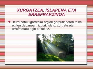 XURGATZEA, ISLAPENA ETA ERREFRAKZINOA Iturri batek igorritako argiak gorputz baten talka egiten dauanean, izpiak islatu, xurgatu eta errefraktatu egin daitekez. 