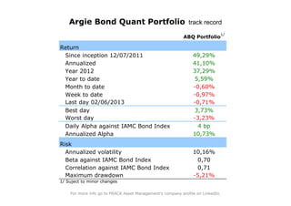 Argie Bond Quant Portfolio track record
                                                                            1/
                                                          ABQ Portfolio

Return
 Since inception 12/07/2011                                    49,29%
 Annualized                                                    41,10%
 Year 2012                                                     37,29%
 Year to date                                                   5,59%
 Month to date                                                 -0,60%
 Week to date                                                  -0,97%
 Last day 02/06/2013                                           -0,71%
 Best day                                                       3,73%
 Worst day                                                     -3,23%
 Daily Alpha against IAMC Bond Index                             4 bp
 Annualized Alpha                                              10,73%
Risk
  Annualized volatility                                        10,16%
  Beta against IAMC Bond Index                                  0,70
  Correlation against IAMC Bond Index                           0,71
  Maximum drawdown                                             -5,21%
1/ Suject to minor changes

    For more info go to PRACK Asset Management's company profile on LinkedIn.
 