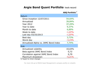 Argie Bond Quant Portfolio track record
                                                                            1/
                                                          ABQ Portfolio

Return
 Since inception 12/07/2011                                    54,64%
 Annualized                                                    39,84%
 Year 2012                                                     37,29%
 Year to date                                                   9,37%
 Month to date                                                  6,89%
 Week to date                                                  -1,07%
 Last day 03/25/2013                                           -1,07%
 Best day                                                       3,73%
 Worst day                                                     -3,23%
 Annualized Alpha vs. IAMC Bond Index                           7,74%
Risk
  Annualized volatility                                        10,64%
  Beta against IAMC Bond Index                                  0,72
  Correlation against IAMC Bond Index                           0,70
  Maximum drawdown                                             -5,21%
1/ Suject to minor changes

    For more info go to PRACK Asset Management's company profile on LinkedIn.
 
