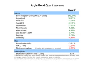 Argie Bond Quant track record 
Return 
Since inception 12/07/2011 (2,76 years) 
Annualized 
Year 2012 
Year 2013 
Year to date 
Month to date 
Week to date 
Last day 09/11/2014 
Best day 
Worst day 
Risk 
Annualized volatility 
VaR1% 1 day 
Maximum drawdown (27 trading days to the bottom, 15 to recover) 
Risk-adjusted 
Sharpe ratio (Risk free rate 17,59%) 
Class B1/ 
143,57% 
38,05% 
32,10% 
40,45% 
27,95% 
4,80% 
4,80% 
0,77% 
6,75% 
-5,55% 
13,61% 
-2,14% 
-6,99% 
1,50 
1/ Net return to investors. The period between inception date and 07/08/2014 presents a proforma calculation based 
on managed accounts. From that date onwards actual audited figures are available. 
This document is for information purposes only. This document is not an advertisement and the information contained herein does not constitute 
investment advice, an offer to sell, or the solicitation of any offer to buy any securities. Past performance is not an indication of future results. 
 