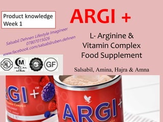 ARGI +Product knowledge
Week 1
L- Arginine &
Vitamin Complex
Food Supplement
Salsabil, Amina, Hajra & Amna
 