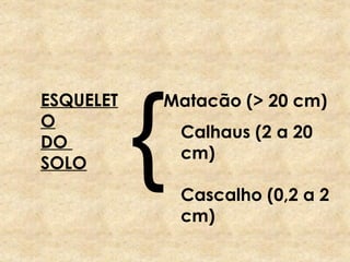 ESQUELET
O
DO
SOLO {
Matacão (> 20 cm)
Calhaus (2 a 20
cm)
Cascalho (0,2 a 2
cm)
 