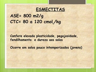 ESMECTITAS
ASE= 800 m2/g
CTC= 80 a 120 cmolc/kg
Confere elevada plasticidade, pegajosidade,
fendilhamento e dureza aos solos
Ocorre em solos pouco intemperizados (jovens)
 